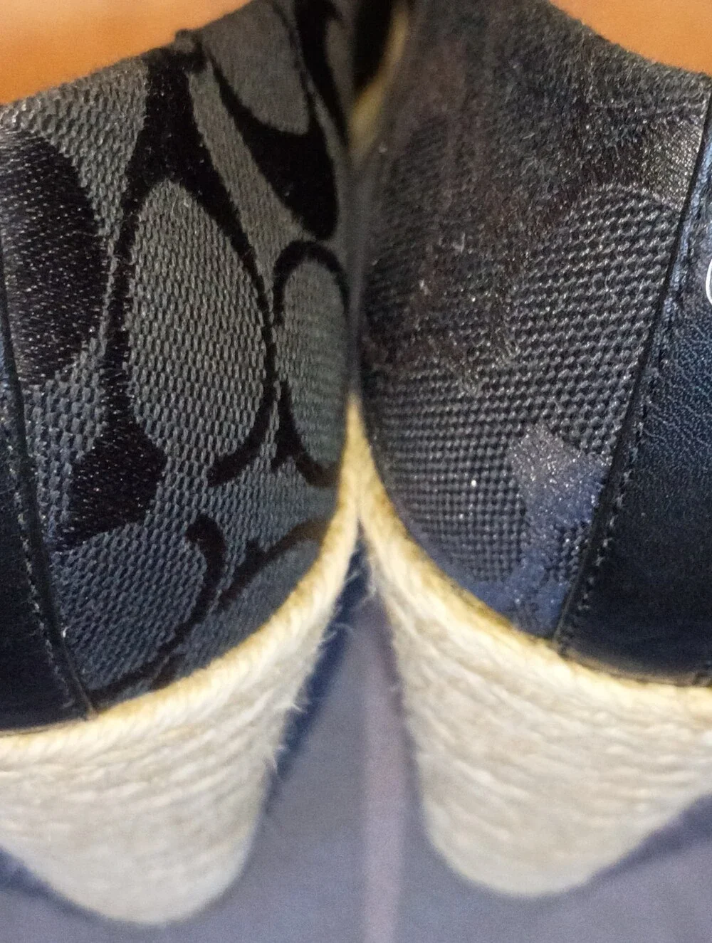 Coach Navy Signature Canvas Peep Toe Espadrille Wedges